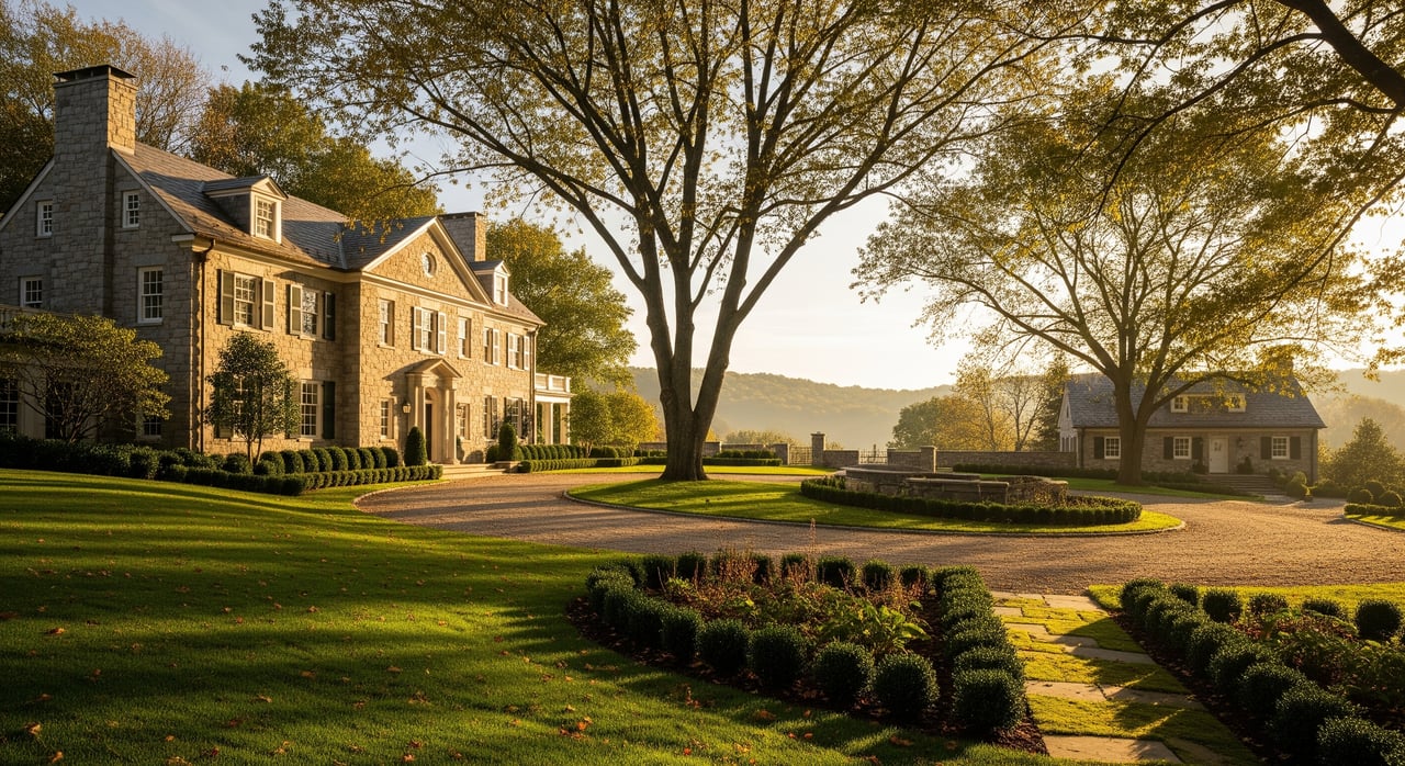 Stone manor house beside a circular driveway, framed by large trees and clipped gardens.