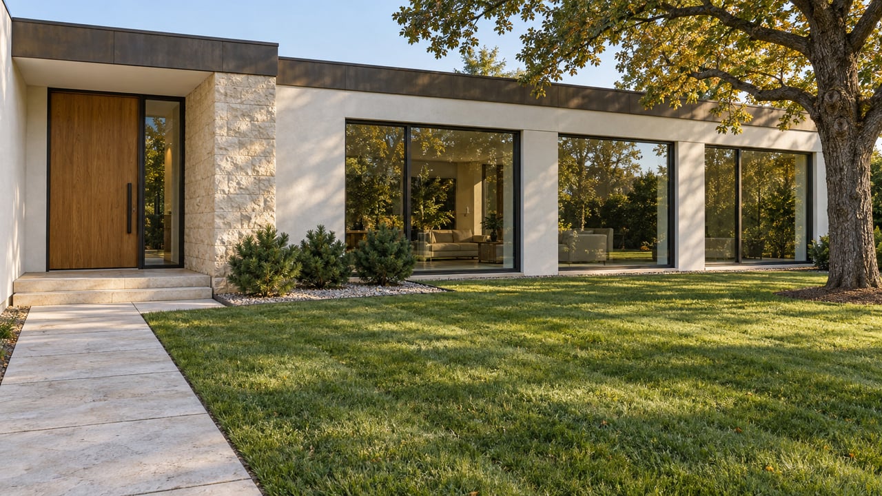 Contemporary stucco and limestone home behind a deep lawn, with black-framed windows and an autumn oak.