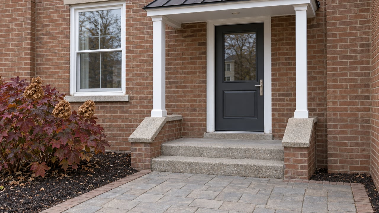 Brick home entrance with a charcoal door, white porch posts, concrete steps and autumn oakleaf hydrangea beside a paver walk.