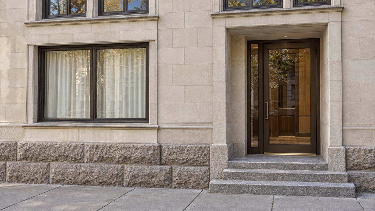 Sunlit limestone apartment facade with bronze-framed windows, a recessed glazed entrance and worn granite steps.