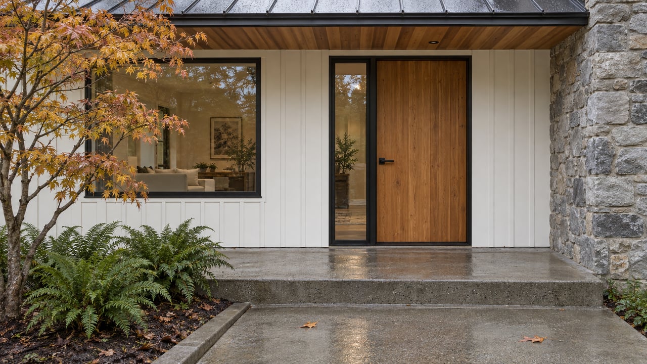 Sheltered cedar front door beside white board-and-batten siding and a gray stone chimney, with damp concrete steps and native maple and sword ferns.