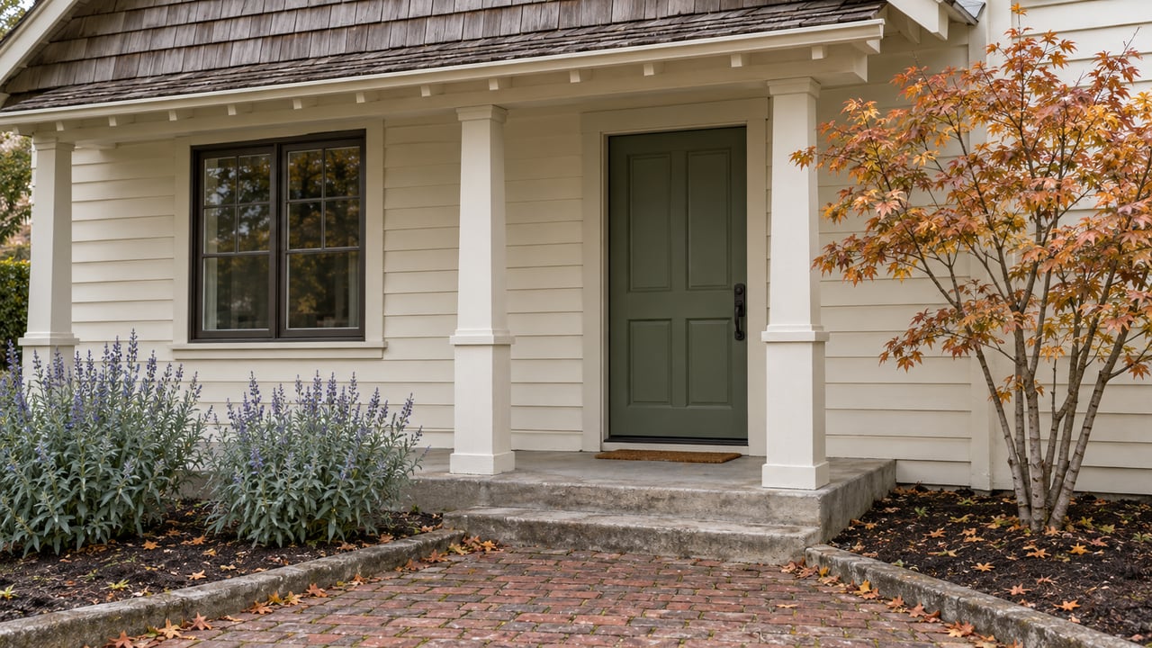 Ivory-sided house entry with a brick path, cedar-shingle gable, and copper-leaved tree.