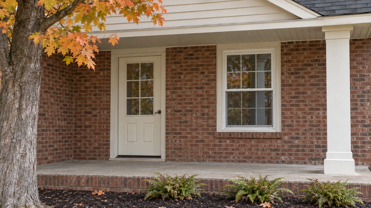 Covered brick front entry with a cream door, white-trimmed window, concrete landing and golden maple branches.