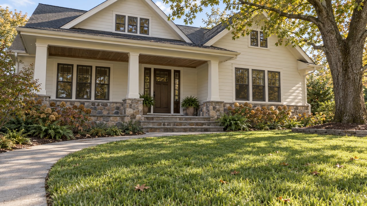 Ivory-sided home with layered gables, a stone porch and a deep lawn beneath a mature white oak.