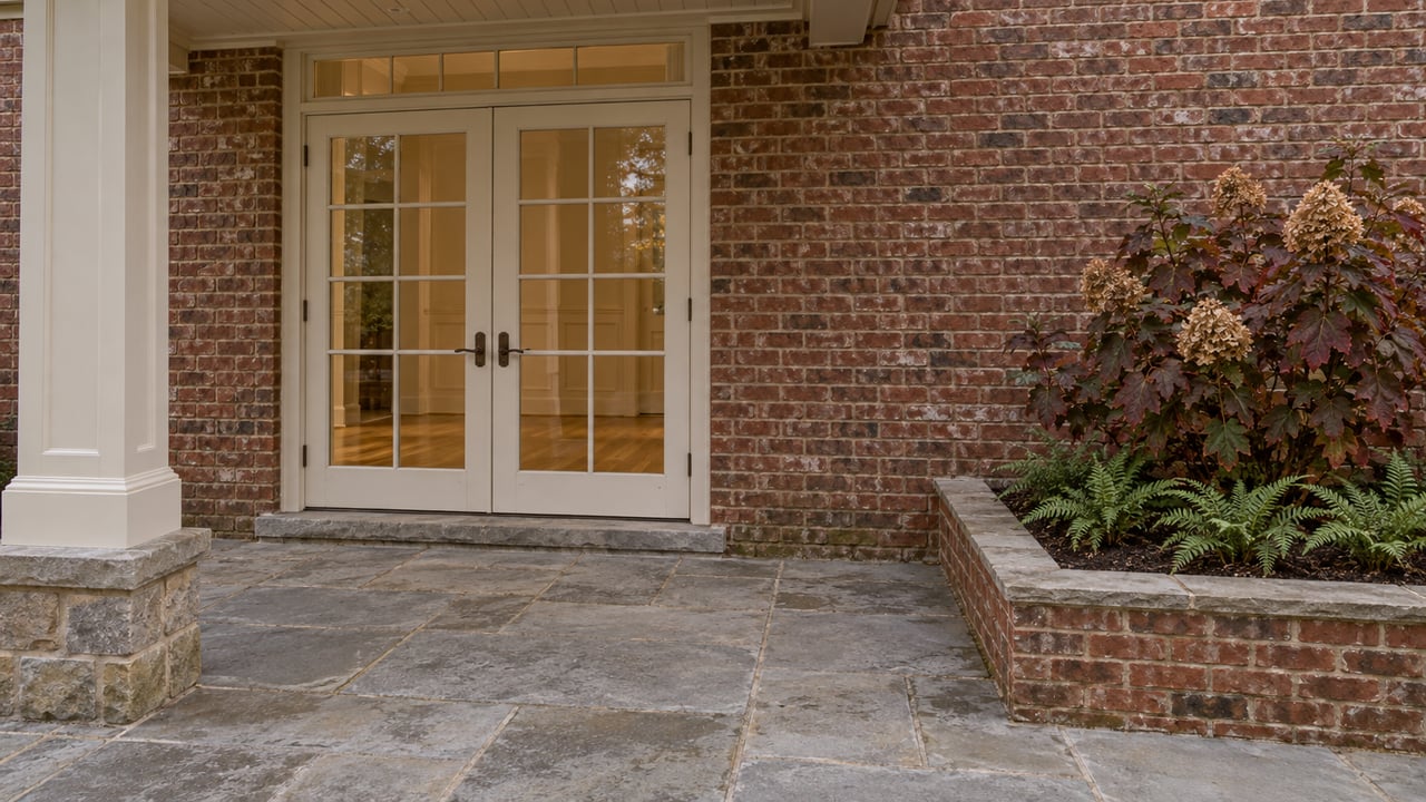 Brick home's covered courtyard with ivory French doors, limestone paving and a raised bed of oakleaf hydrangea and Christmas ferns.