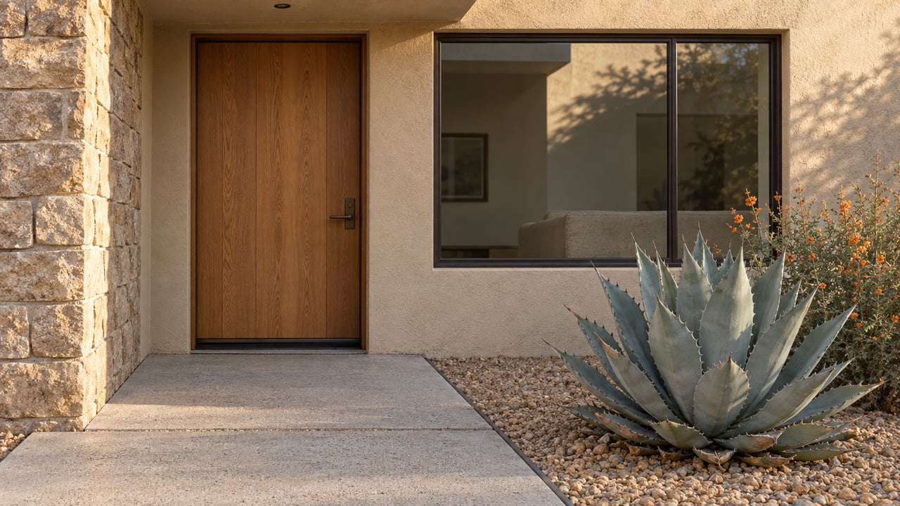 A recessed oak front door and bronze-framed window above a concrete approach bordered by gravel, a blue-gray agave and orange-flowering globe mallow.