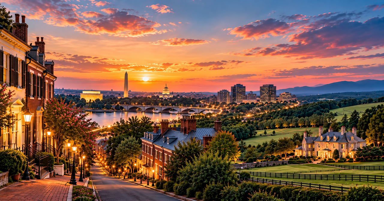 Washington DC skyline, historic homes and Virginia countryside at golden hour.