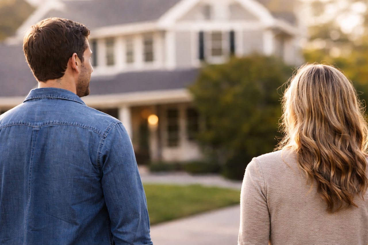 Couple considering whether to buy a home in Connecticut while standing outside a house
