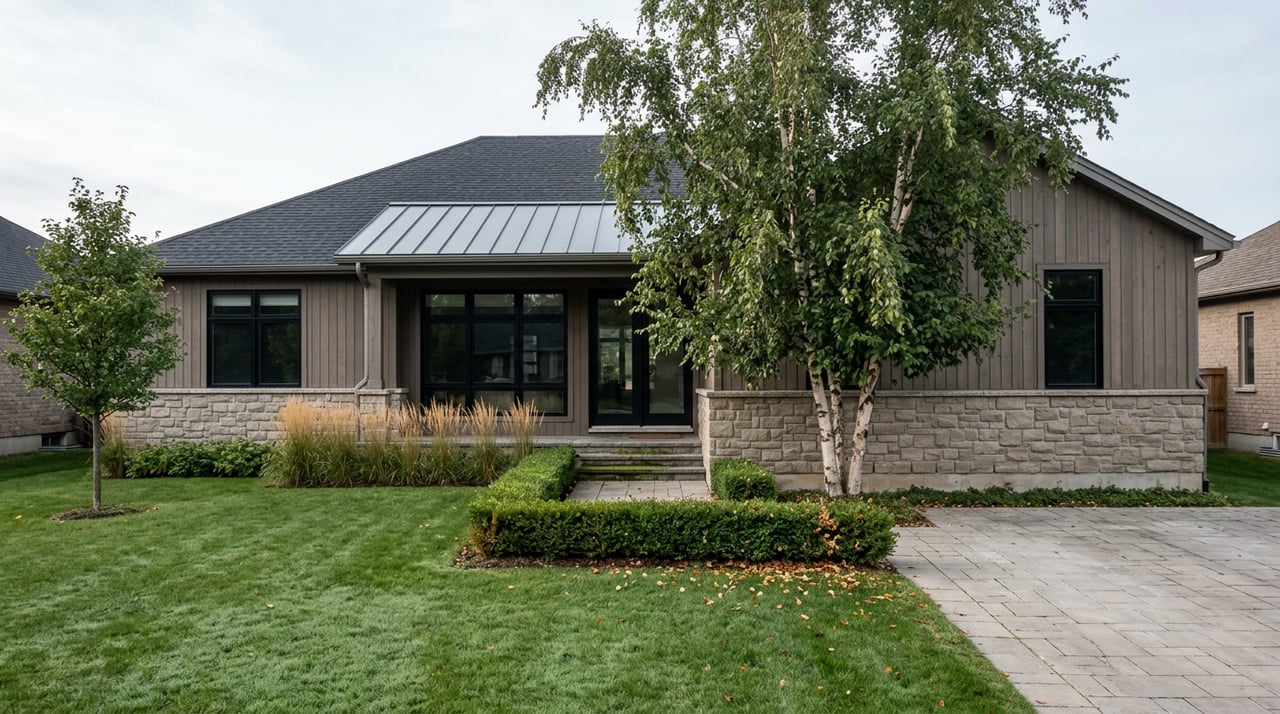 Custom home with fieldstone and cedar siding, a metal-roofed entry, birch trees, and a paver driveway.