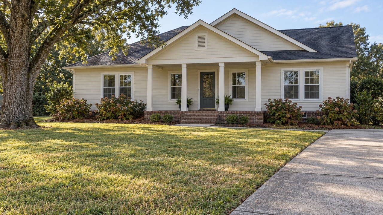 Cream-sided gabled home with a brick foundation, shaded porch, and broad front lawn beside a concrete driveway.