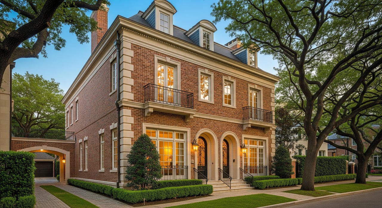 Two-story red-brick house with cream stone trim, arched entryways, balconies, and mature trees.