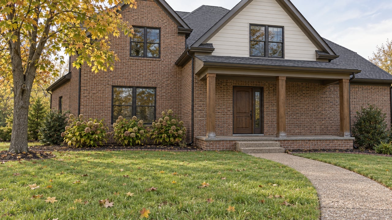 Two-story brick home with a covered porch and curved walkway, framed by autumn trees.