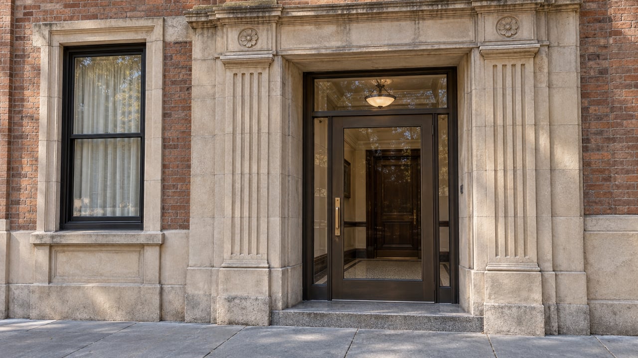Sunlight grazes a limestone apartment entrance with a bronze-framed glass door, russet brick and a worn granite threshold.