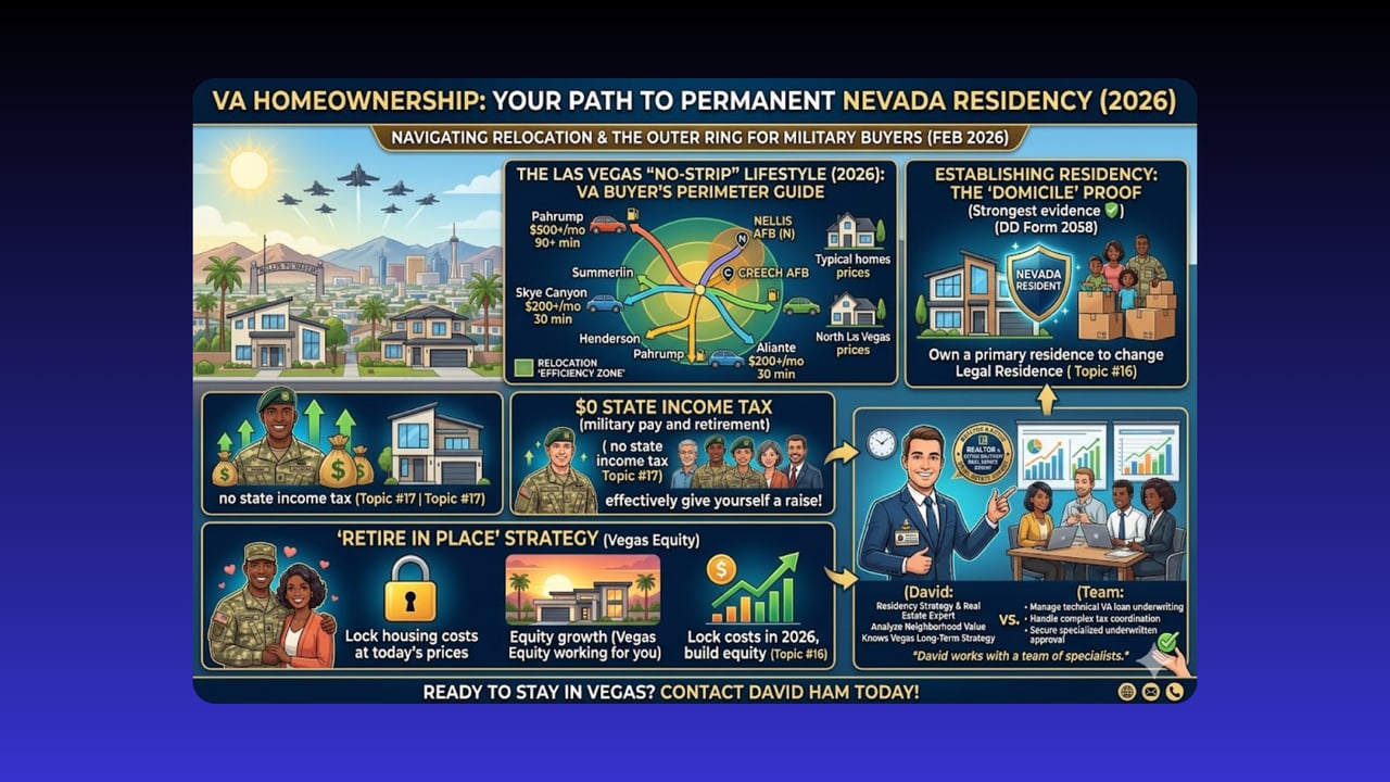 Infographic on VA homeownership, Las Vegas relocation, Nevada residency, tax benefits, and building home equity.