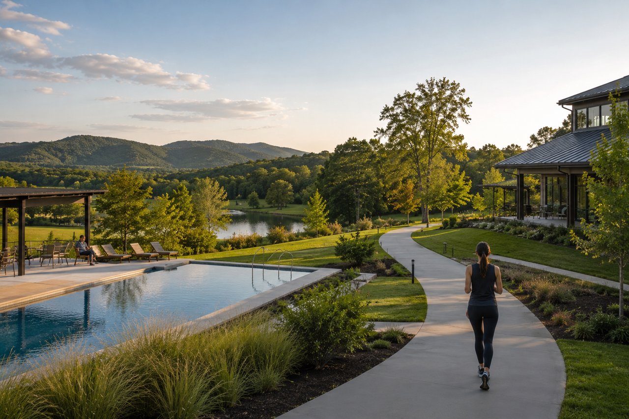 A luxury wellness community in Tennessee featuring modern homes, scenic walking trails, a resort-style pool, lush green landscapes, and peaceful rolling hills that promote healthy, active living.