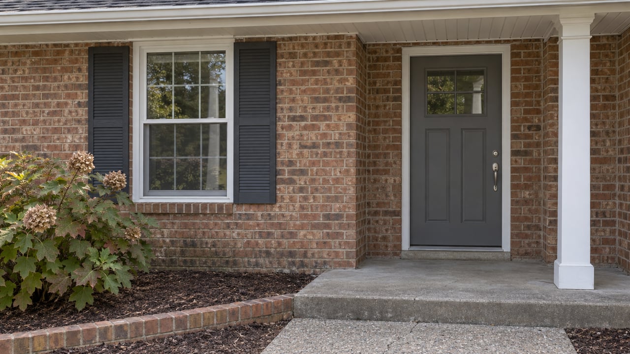 Close view of a weathered brick home's shaded front porch, gray door, shuttered window and oakleaf hydrangea beside a concrete walk.