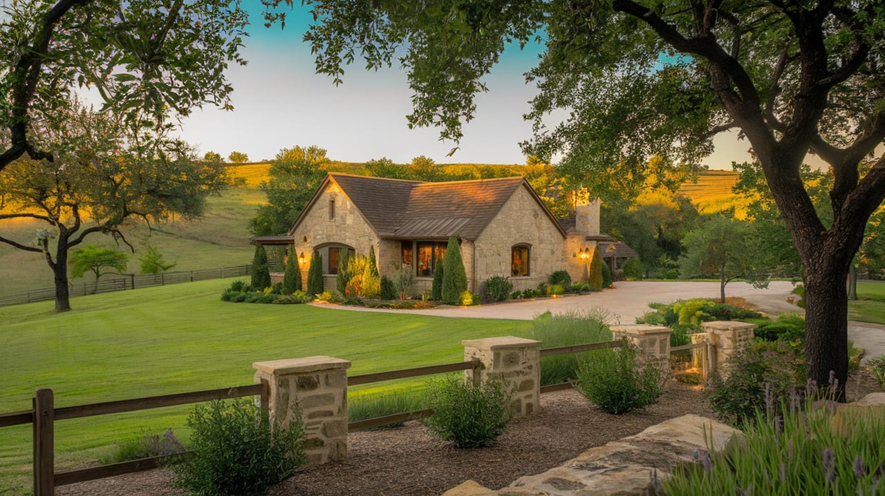 Stone cottage with a steep roof sits beyond a lawn and low stone fence, framed by large trees.