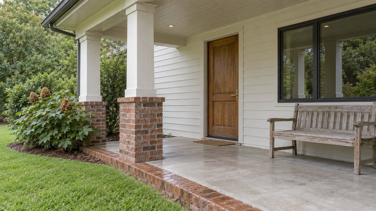 Covered porch with square white columns, a wood entry door, brick-edged concrete flooring, an oak bench, and oakleaf hydrangea beside the lawn.