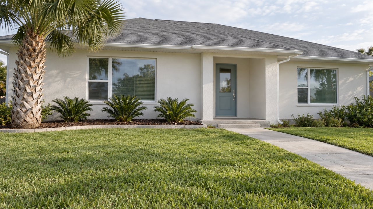 A white stucco single-story home with a gray hipped roof, sea-glass-blue front door, broad front lawn, and a mature fan palm.