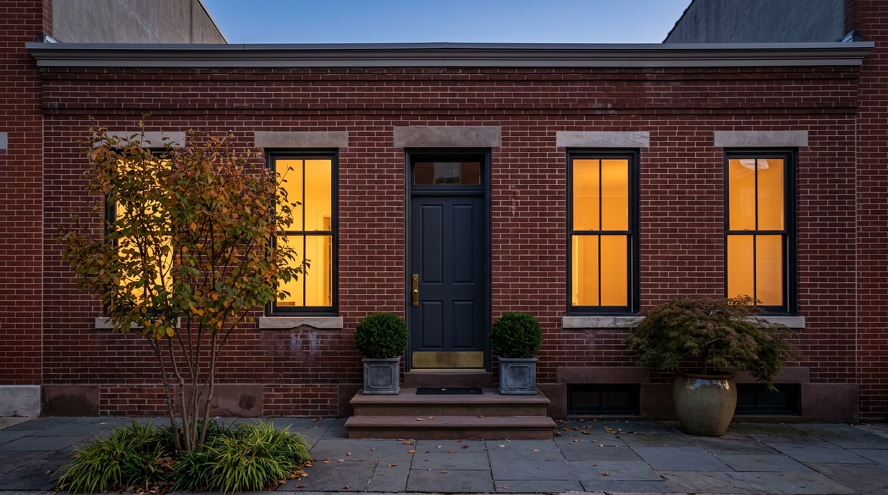 Brick rowhouse at dusk, two amber-lit windows above a bluestone stoop flanked by planters.