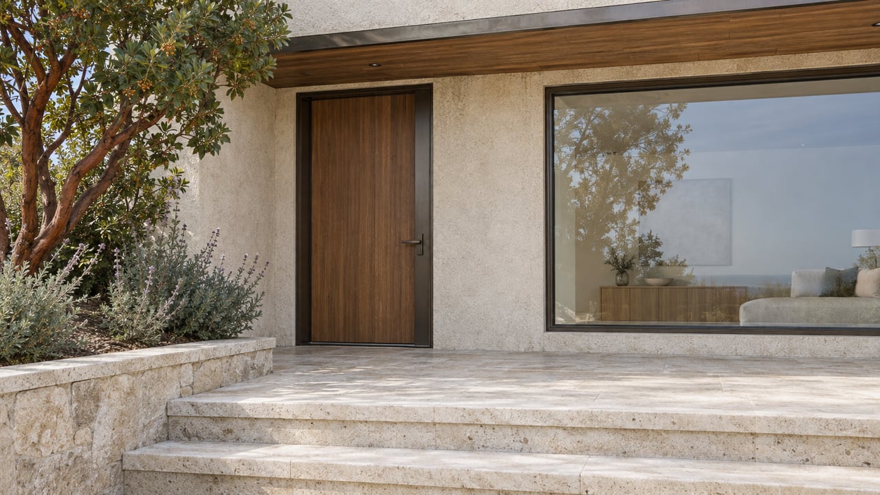 A recessed cedar entrance and bronze-framed window beside limestone steps, pale stucco and a sculptural strawberry tree.