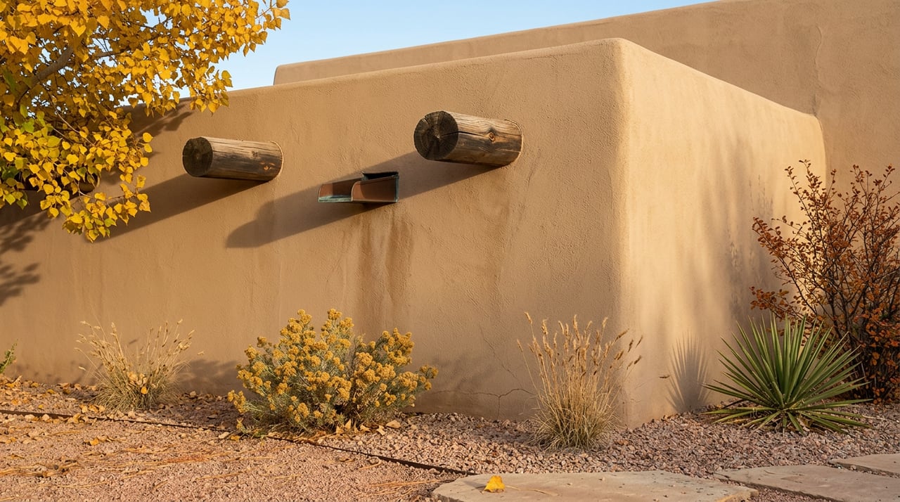 Warm-tan stucco corner with wooden vigas, copper canales, yellow cottonwood leaves, and golden chamisa.