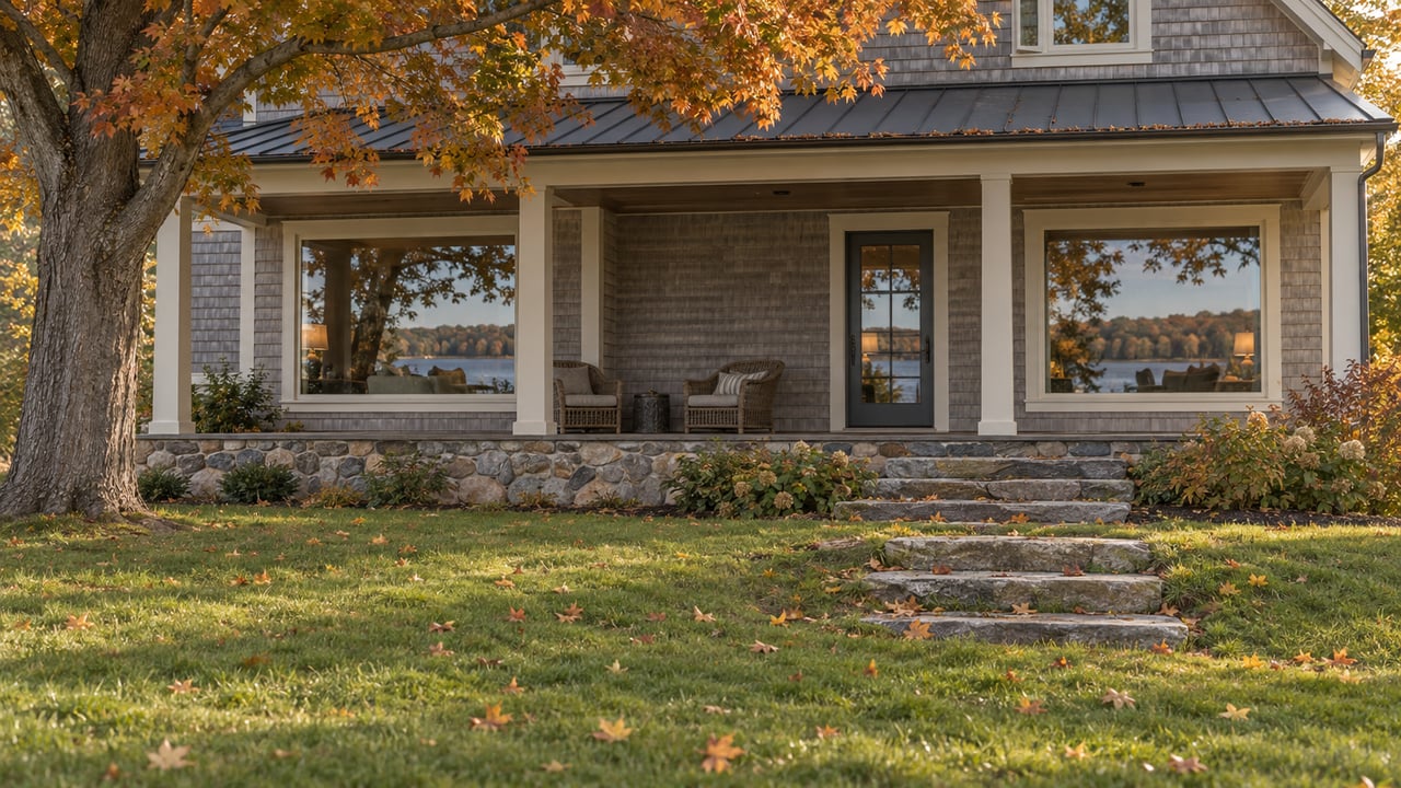 Waterfront house with a long covered porch, limestone lawn steps, and an amber-russet maple at left.