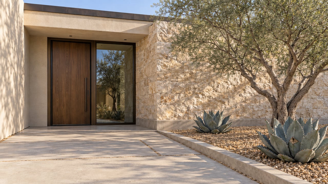 Low-angle view of a desert contemporary home's limestone and ivory stucco entrance, walnut door, bronze-framed window and ironwood tree beside a broad concrete approach.