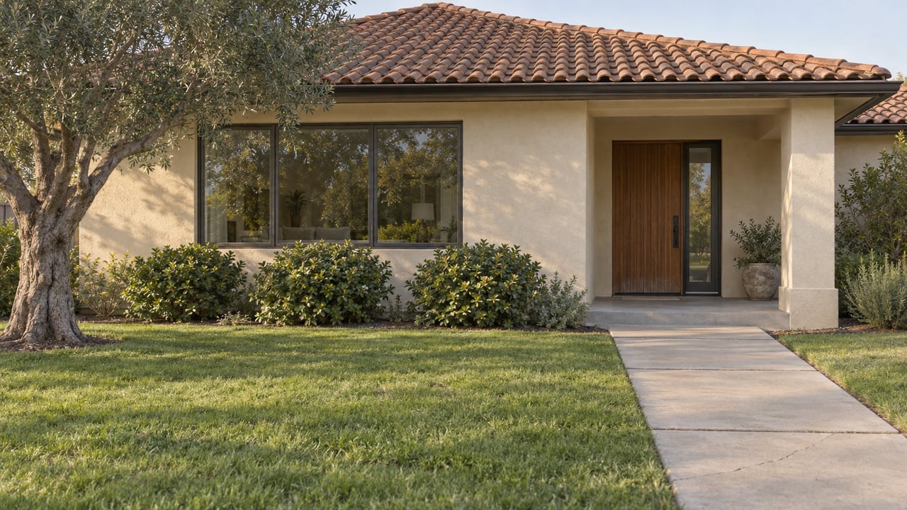 A warm ivory stucco house with a clay tile roof, recessed oak entry, broad front lawn and mature olive tree in soft afternoon light.