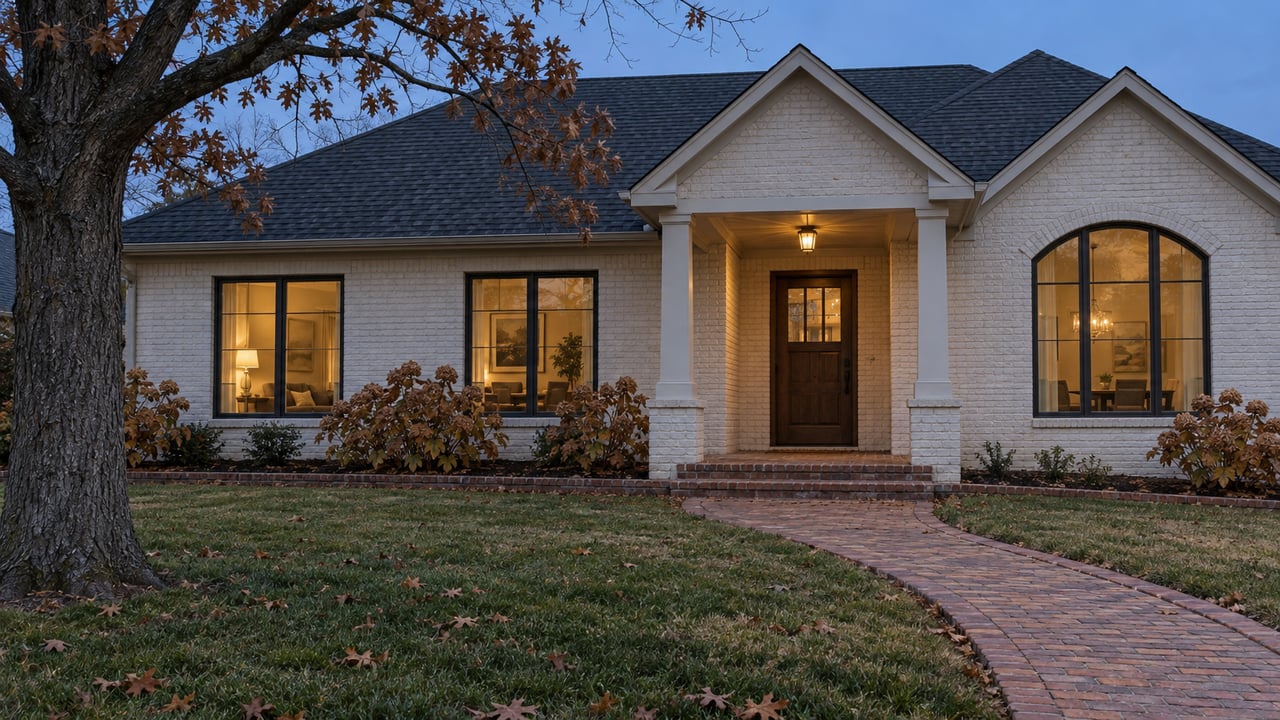 A painted-brick home with a steep gray roof, warm windows and a curved brick walk across a deep lawn at dusk.