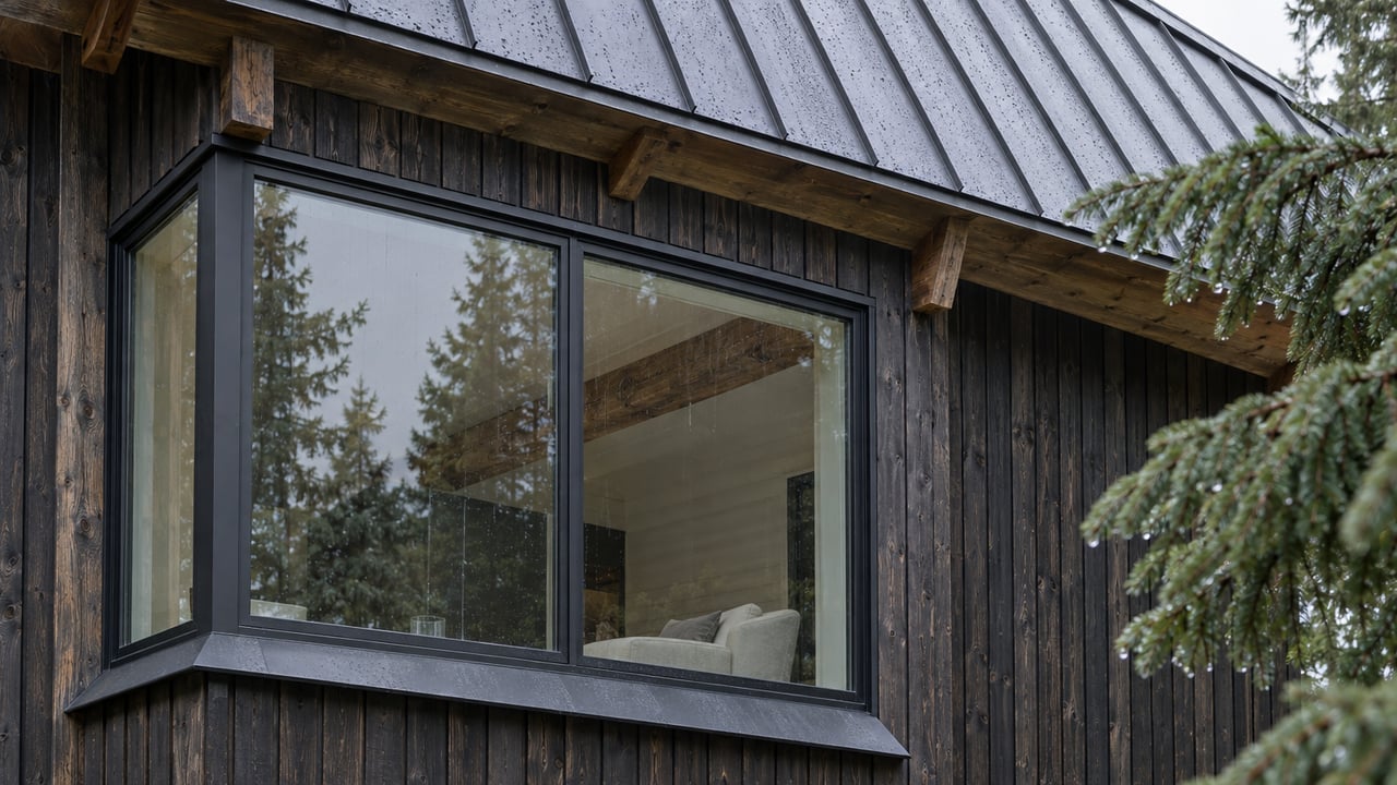 Rain-damp dark cedar home with a steep metal roof, enclosed black-framed window bay and spruce needles along one edge.