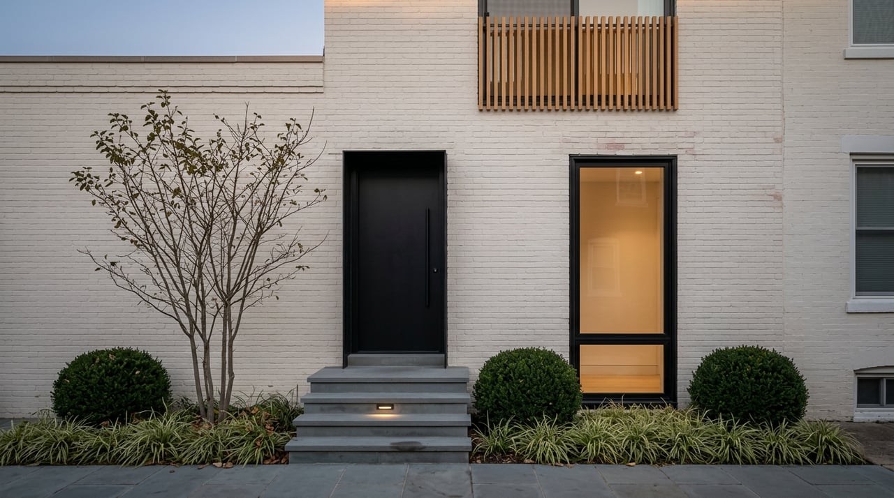 Rowhome entry with black door, bluestone stoop, oak window screen, and warm-lit window at dusk.