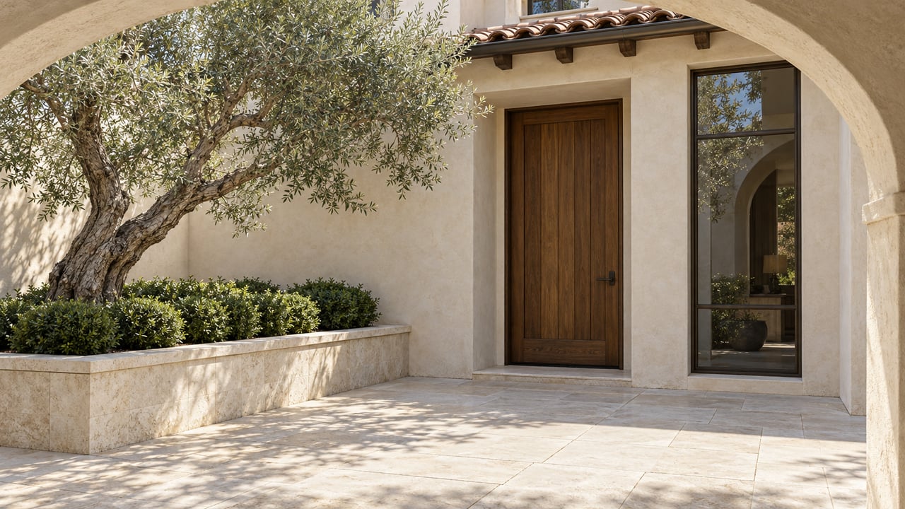Cream stucco entry courtyard with an oak door, bronze-framed window, pale limestone paving and a sculptural olive tree.