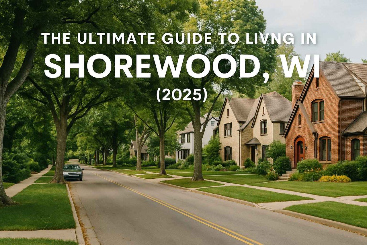 Tree-lined residential street in Shorewood, WI with houses and text that reads ‘The Ultimate Guide to Living in Shorewood, WI (2025).