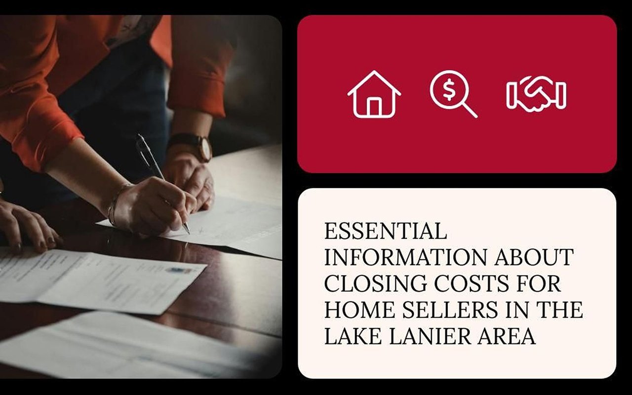 Closing costs for Lake Lanier home sellers, with a person signing paperwork and real estate icons.