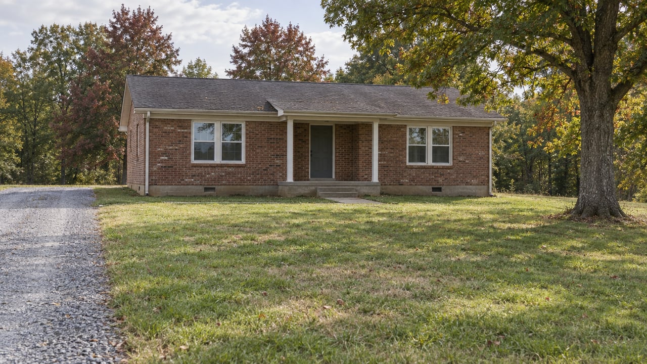 A modest brick single-story home beyond a deep autumn lawn, with a gravel driveway and a mature white oak.