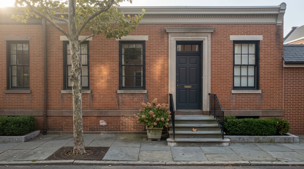 Brick rowhouse with a carved stone doorway, worn bluestone stoop, and iron railing beneath a London planetree.