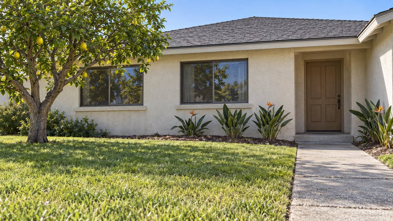 Single-story ivory stucco house with dark-trim windows, a broad front lawn, a lemon tree and a concrete walk leading to a recessed entry.