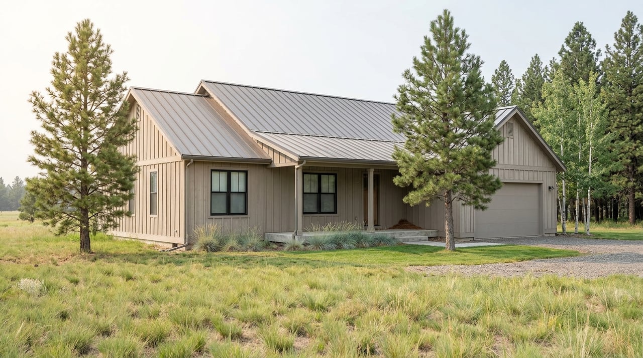 Single-story greige ranch home with a charcoal metal roof, framed by pine and aspen trees beyond a native grass meadow.