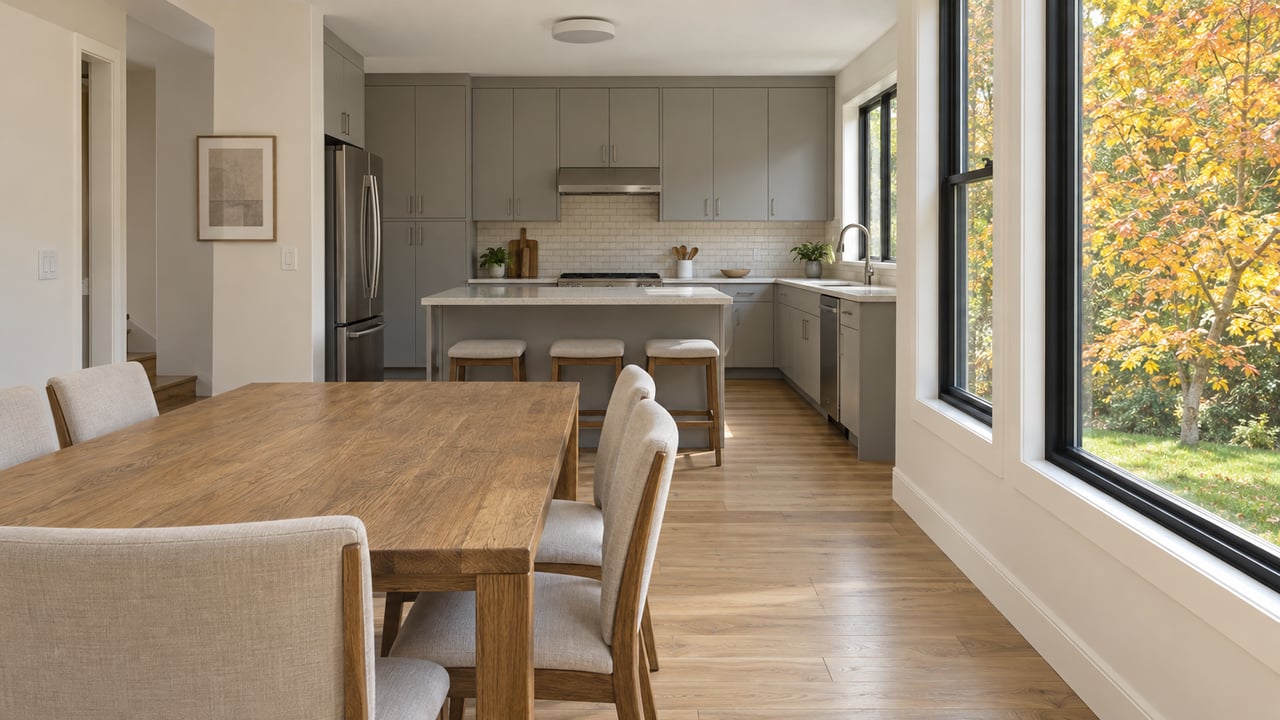 Light-filled dining room with an oak table, cream chairs, gray kitchen cabinetry, and an autumn tree beyond black-framed windows.