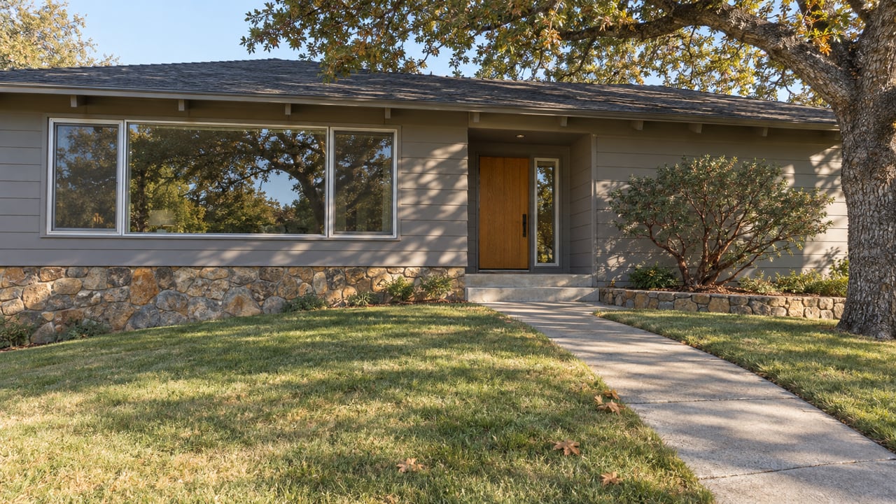 Autumn morning light crosses a broad lawn toward a wood-sided single-story home beneath a mature blue oak.