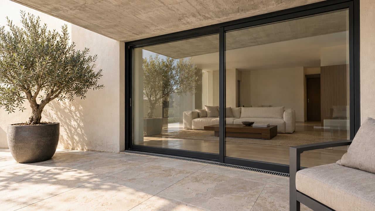 Covered contemporary apartment terrace with pale stone paving, an olive tree in a charcoal planter, and closed black-framed glazing revealing a warm minimalist living room.