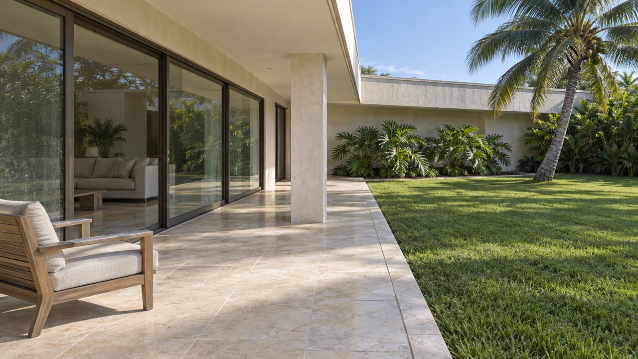 Low view across a limestone terrace beside an ivory stucco home, with bronze-framed glass doors, a deep lawn and a sculptural palm.