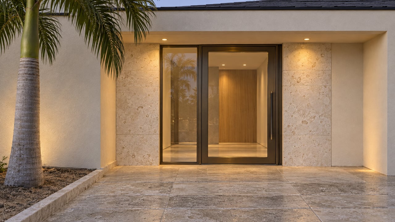 Modern home entrance with a large glass door, stone façade, and palm tree.