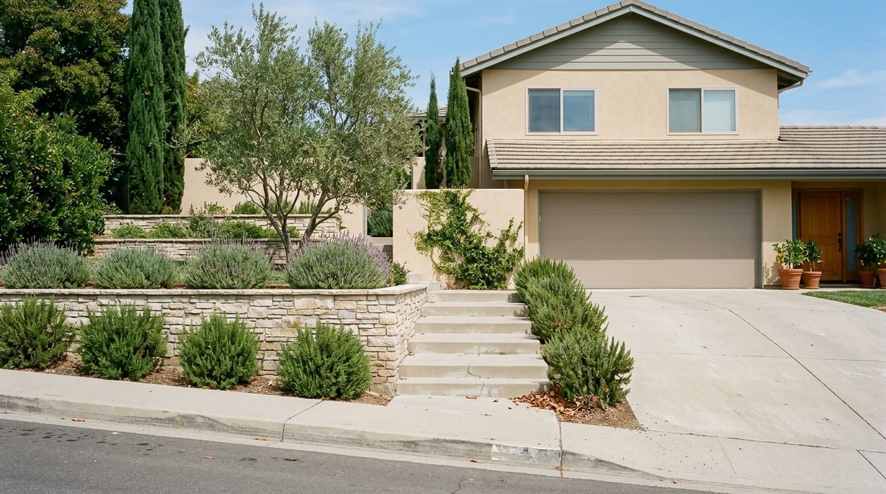 Stucco tract home with a closed garage above terraced landscaping, stone retaining walls, and a stepped concrete walk.