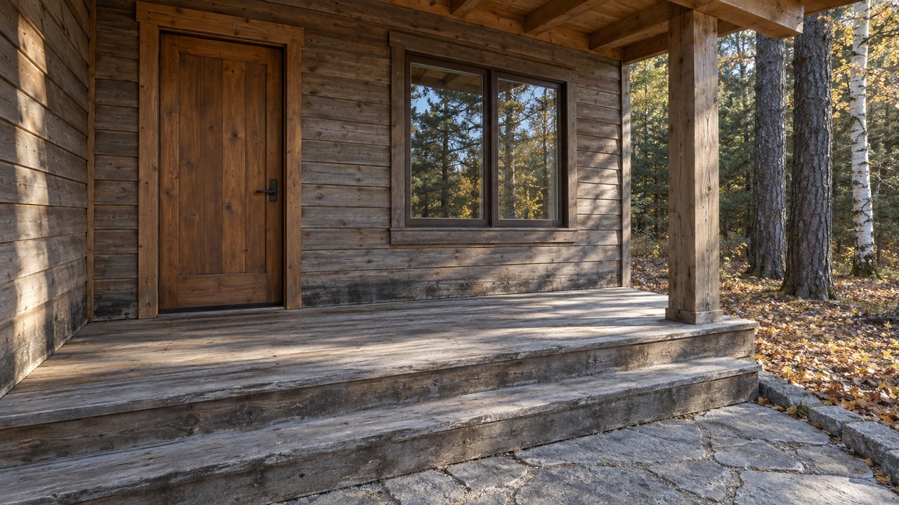 Morning light across a weathered wood cabin porch, closed entry door and window, with granite steps beside white pine and paper birch.