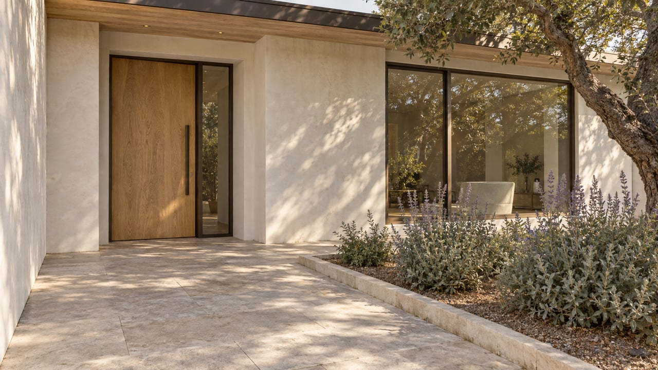 An oak entry door and bronze-framed window beneath a shallow roof, with limestone paving and a coast live oak beside a raised stone border.