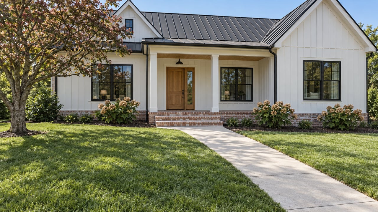 White board-and-batten home with a dark metal roof, oak entry door, brick porch, and a broad lawn in bright daylight.