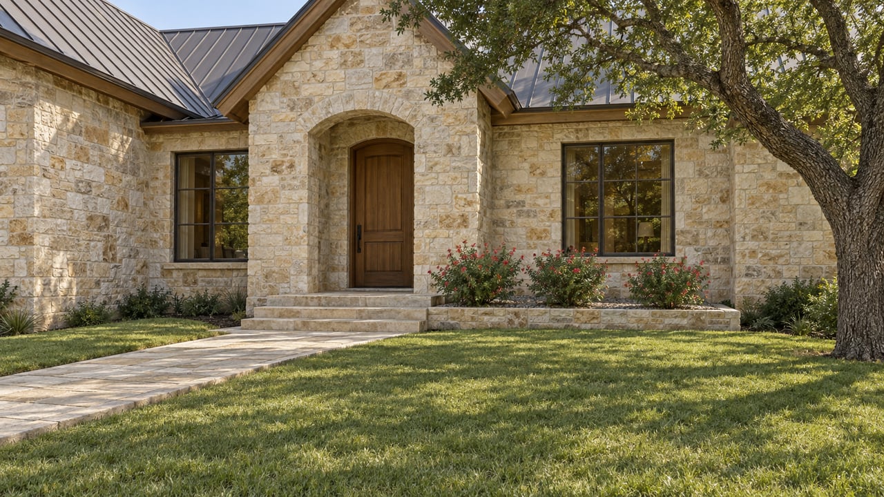 A limestone home with a recessed arched oak entry, bronze-framed windows and a broad lawn beside a mature live oak.