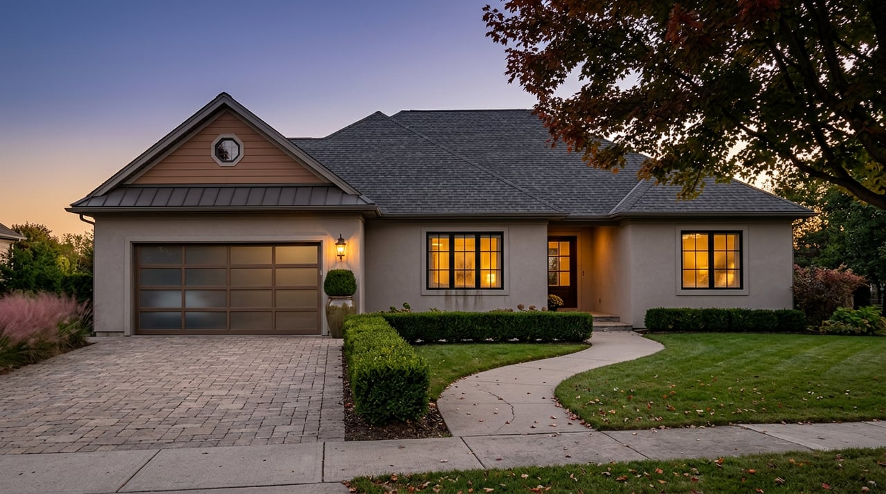 Suburban home with warm glowing windows, black frames, a paver driveway, and an autumn maple at dusk.